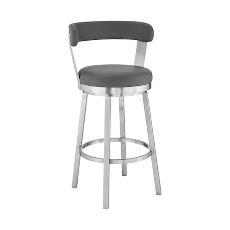 Armen Living Bryant 26" Counter Height Swivel Bar Stool in Brushed Stainless Steel Finish and Gray Faux Leather LCBYBABSGR26